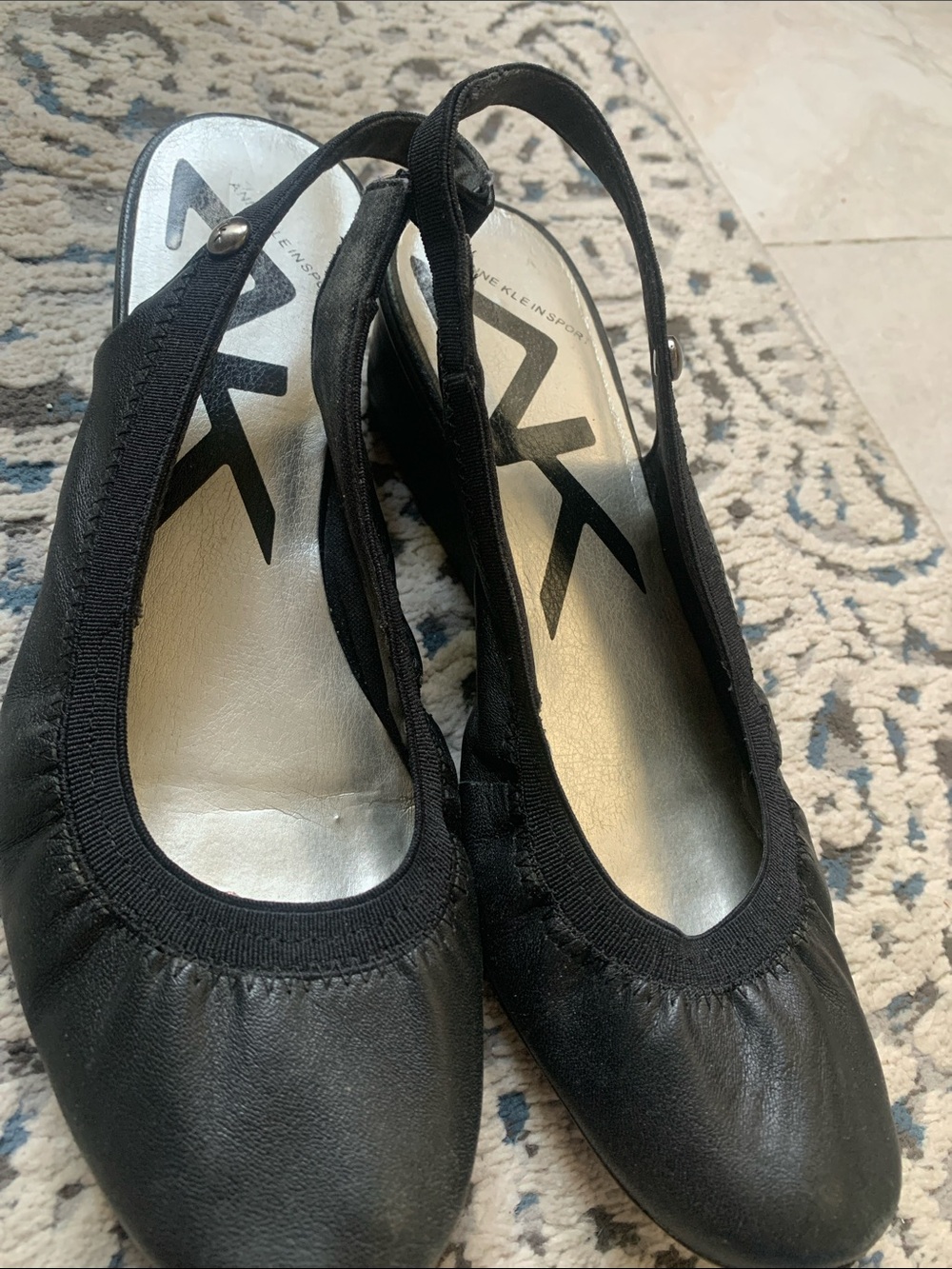 Anne Klein Sport Black Leather Slingback Ballet Wedges